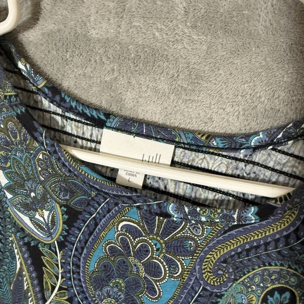 J Jill Blouse L Women Top Paisley Purple Blue 3/4 Sleeve Round Neck Lagenlook